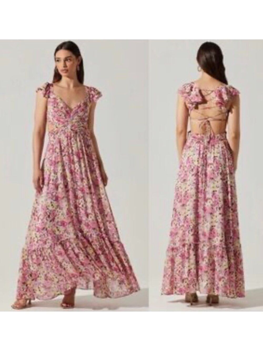 Astr The Lable Primrose Floral Pleated Lace-Up Cut-Out Maxi Dress Size M